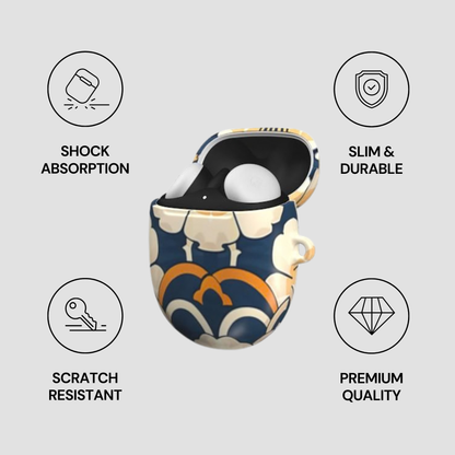 Patterned case with icons and text highlighting features on a light gray background