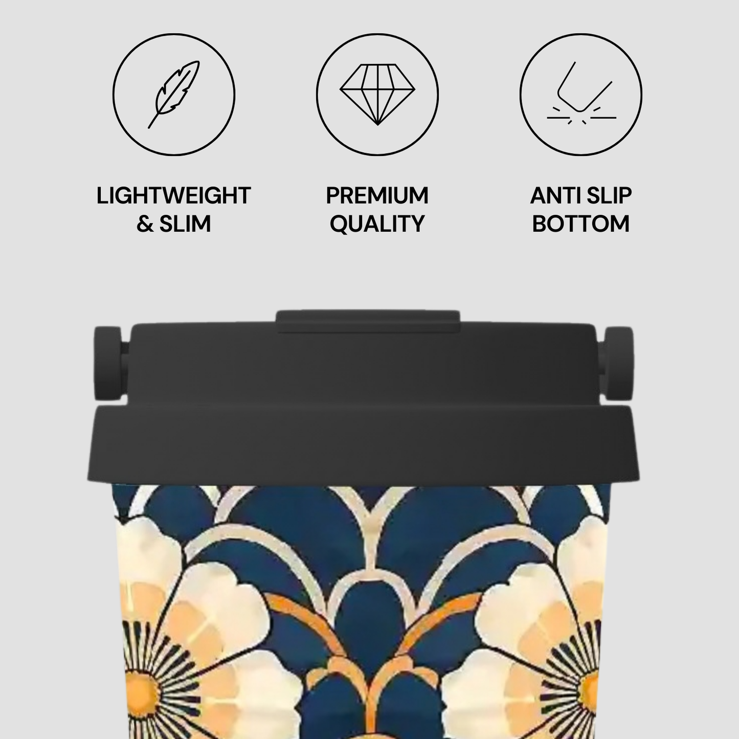 Floral-patterned product with 'Lightweight & Slim', 'Premium Quality', and 'Anti Slip Bottom' features on a gray background.
