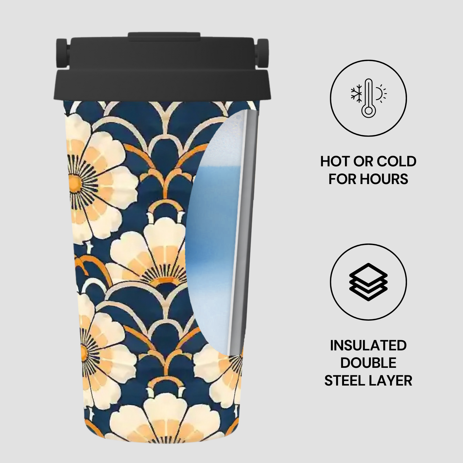 Insulated tumbler with floral design on a white background
