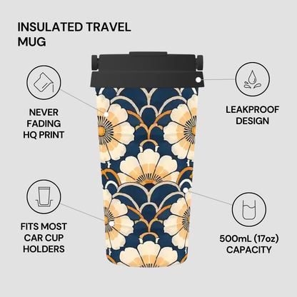 Insulated travel mug with floral design on a gray background, featuring text about its features.