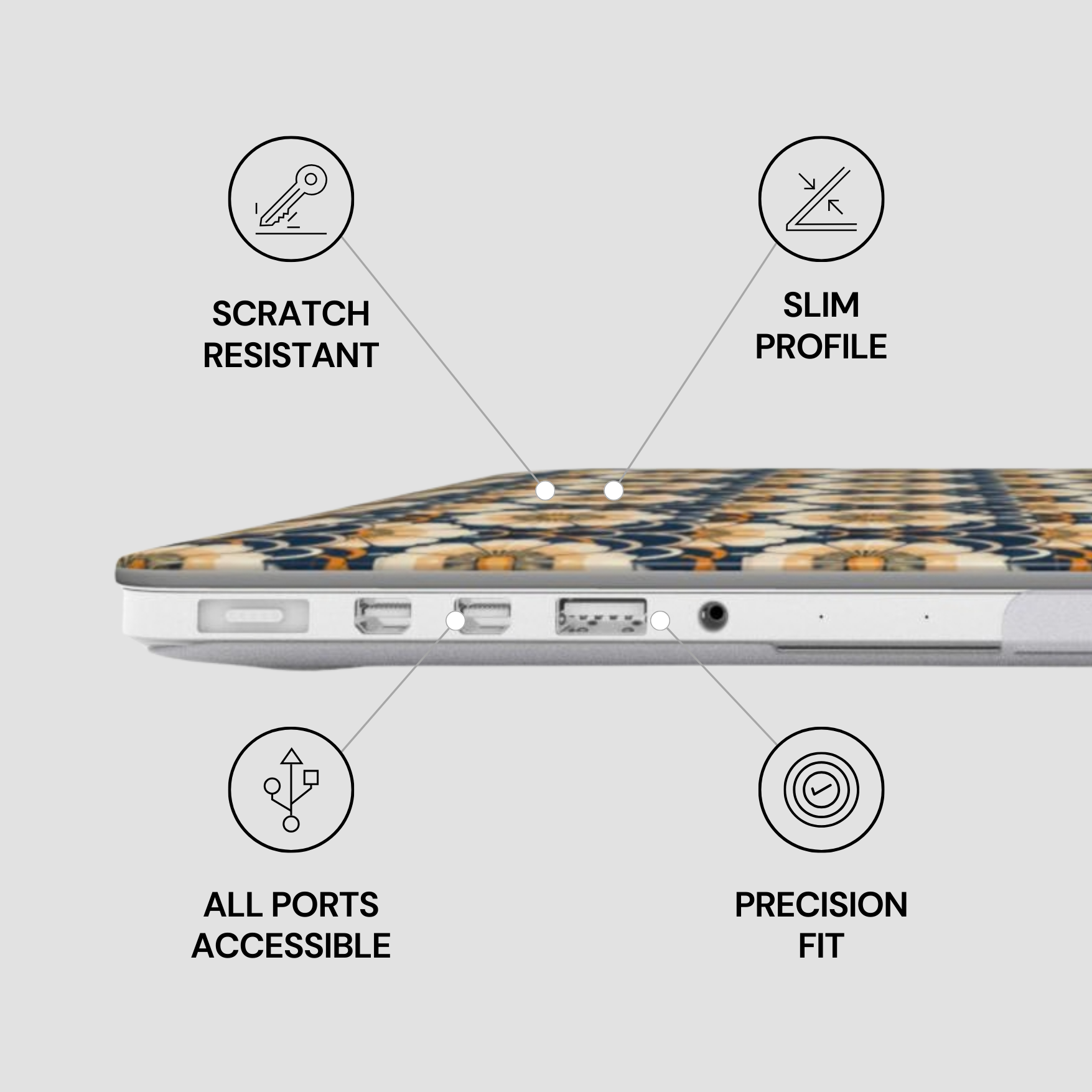 Laptop with features labeled as scratch resistant, slim profile, all ports accessible, and precision fit on a light gray background.