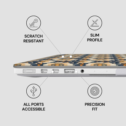 Laptop with features labeled as scratch resistant, slim profile, all ports accessible, and precision fit on a light gray background.