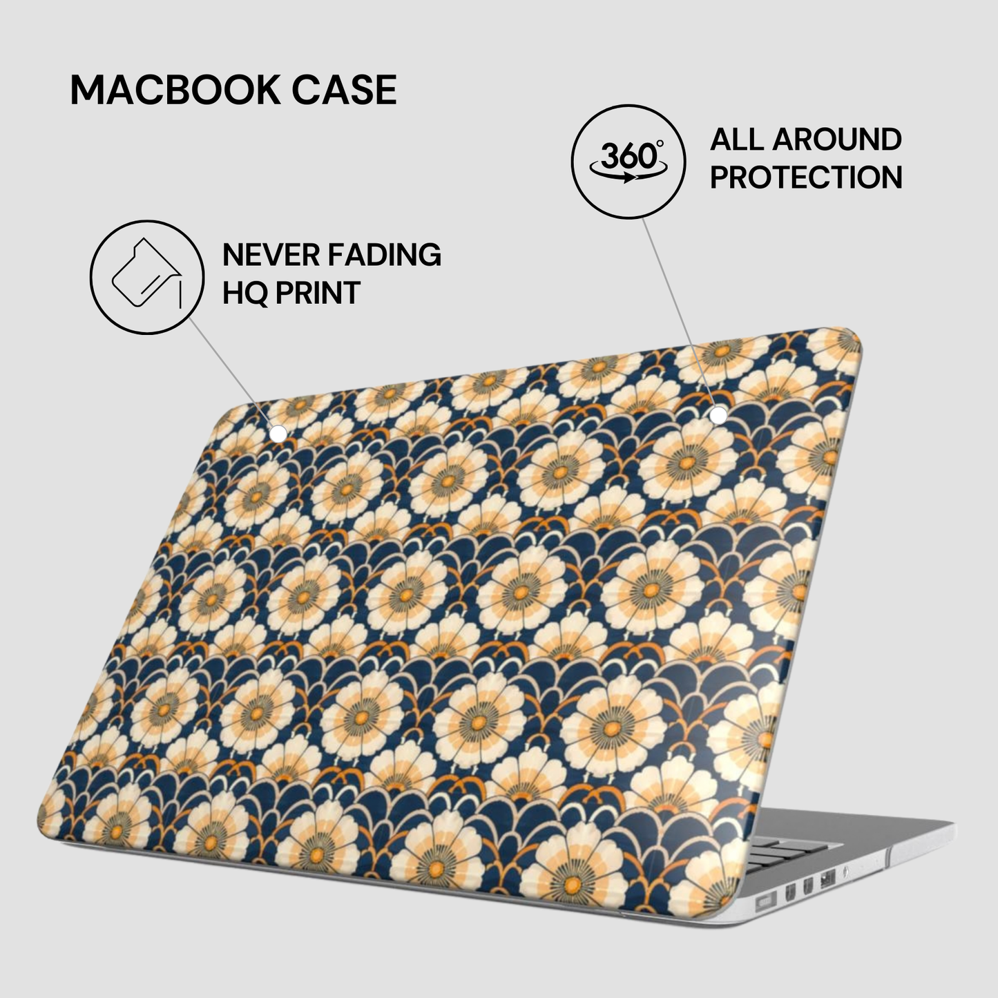 Floral patterned MacBook case with text highlighting features on a white background