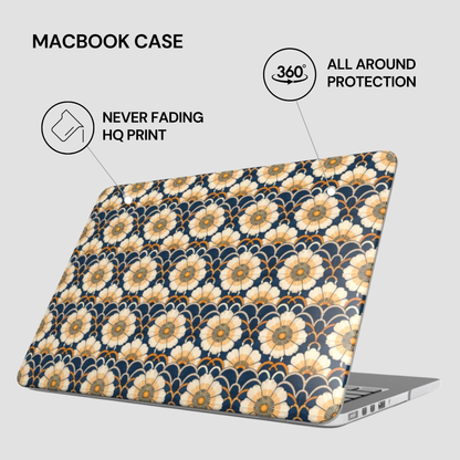 Floral patterned MacBook case with text highlighting features on a white background