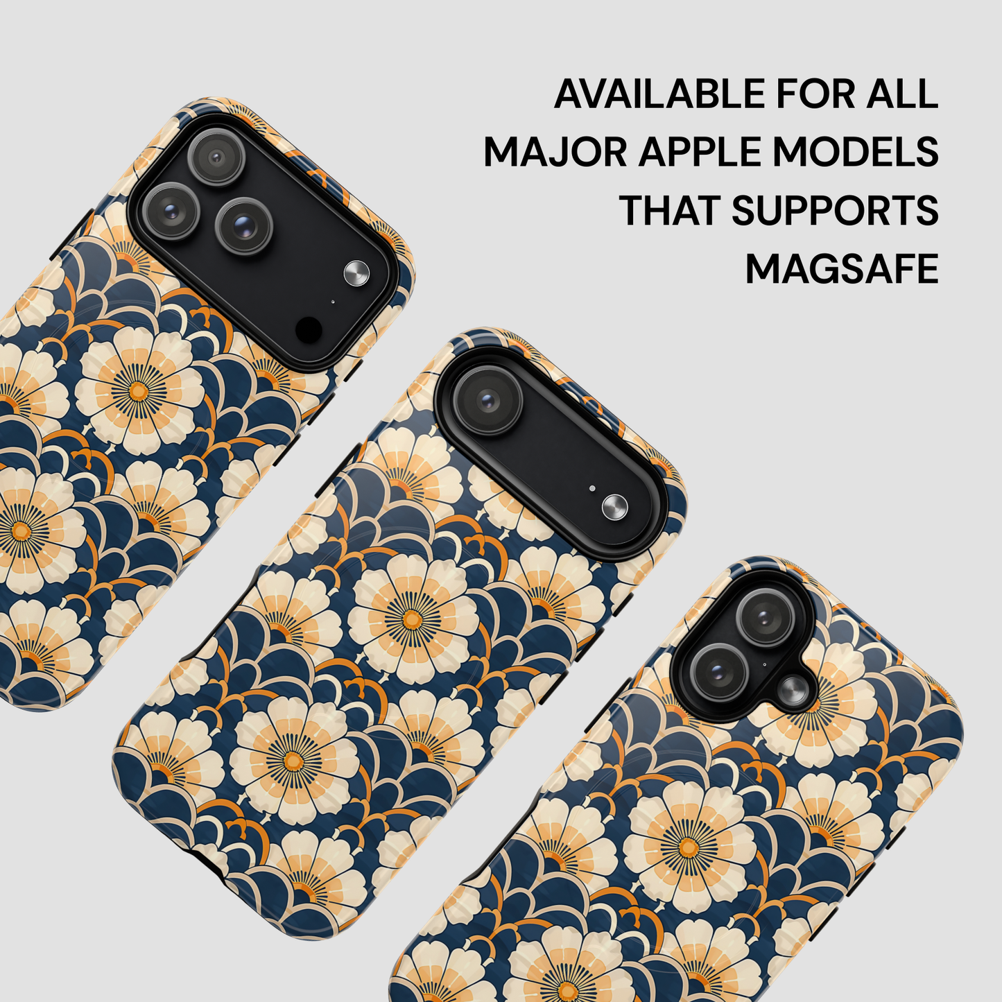 Floral patterned phone case compatible with Apple devices supporting MagSafe on a light gray background.