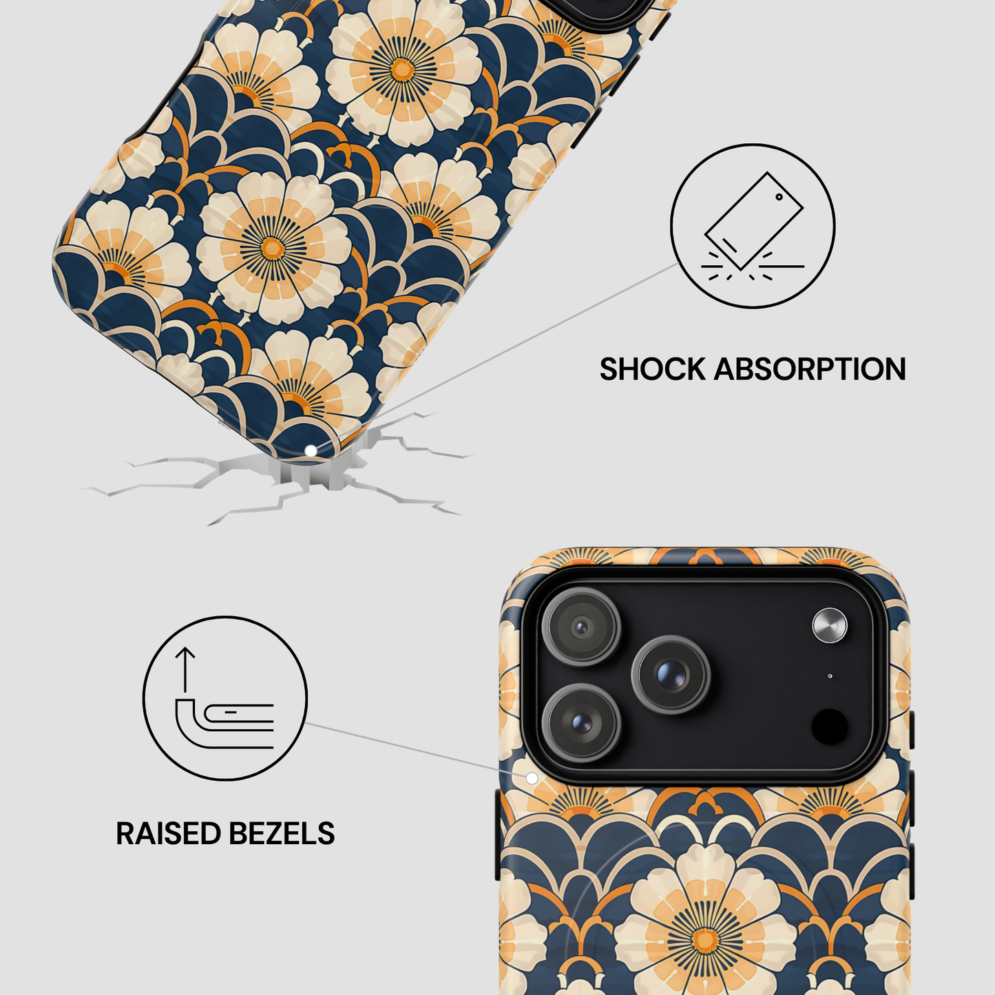 Phone case with floral design and features highlighted on a light gray background