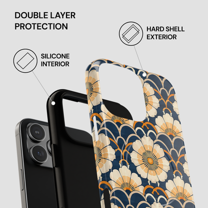 Floral phone case with hard shell exterior and silicone interior on a gray background