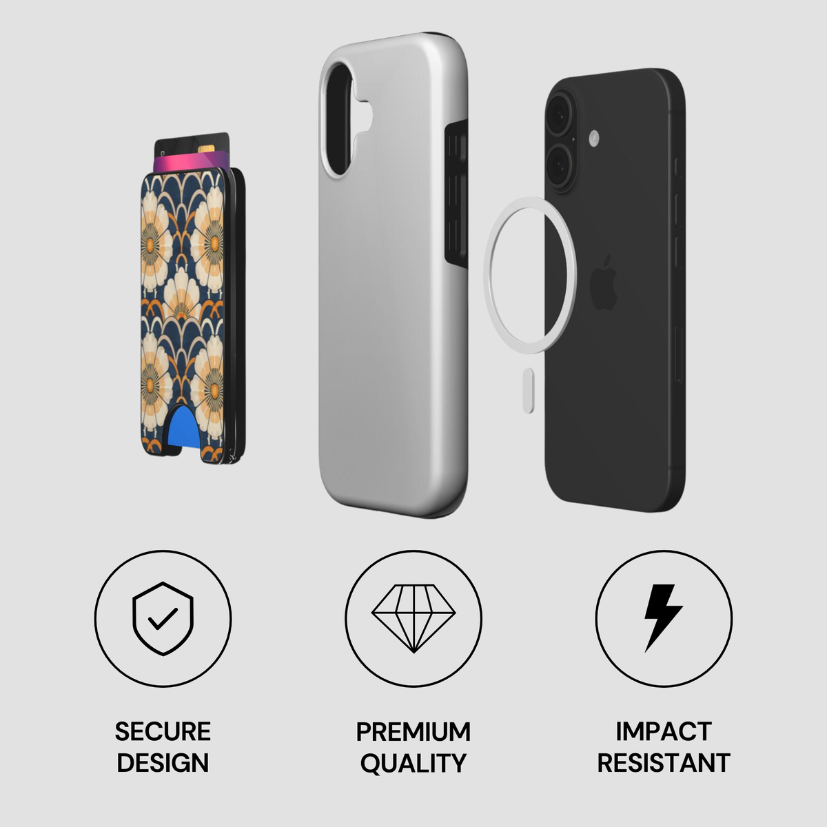 Exploded view of Ivory Bloom Magnetic Wallet with phone, case, and MagSafe-style magnetic ring