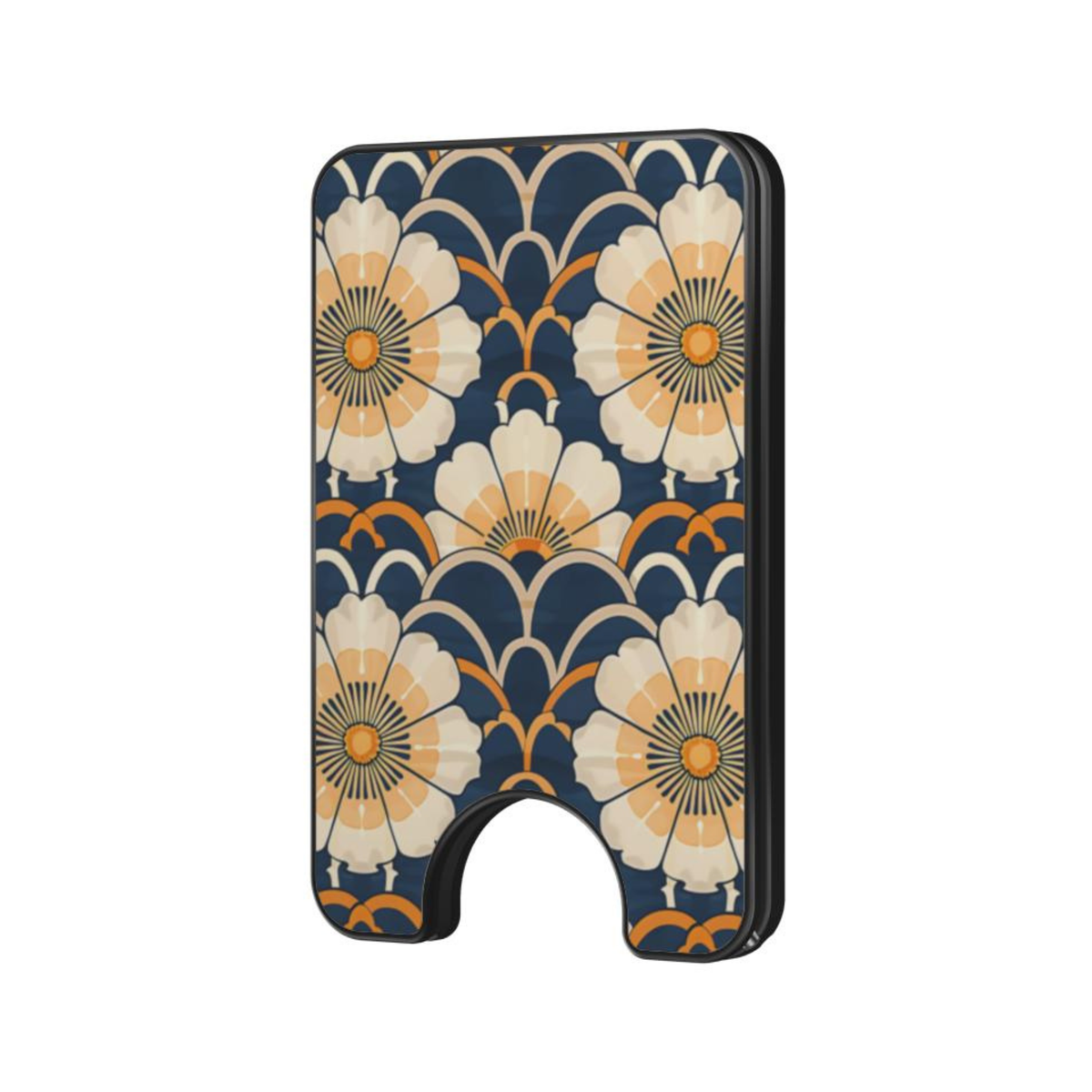 Ivory Bloom Magnetic Wallet with elegant ivory floral pattern on a navy background with warm golden accents