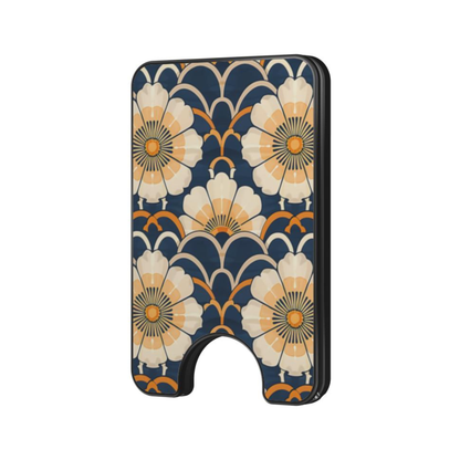 Ivory Bloom Magnetic Wallet with elegant ivory floral pattern on a navy background with warm golden accents