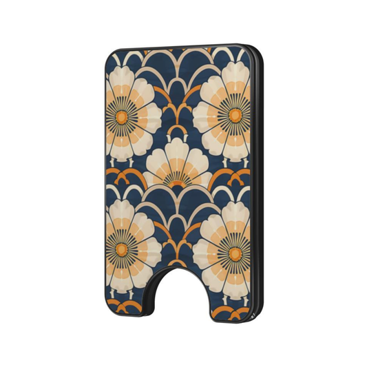 Ivory Bloom Magnetic Wallet with elegant ivory floral pattern on a navy background with warm golden accents