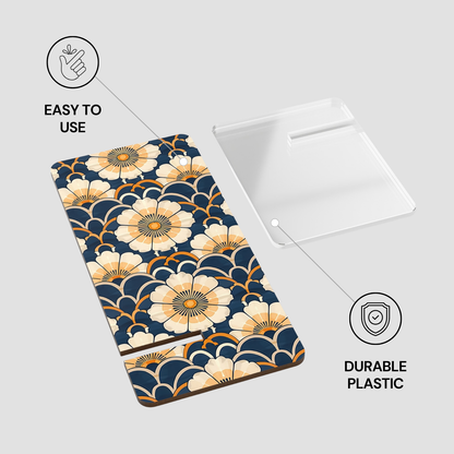 Floral patterned phone case with text 'Easy to use' and 'Durable plastic' on a white background