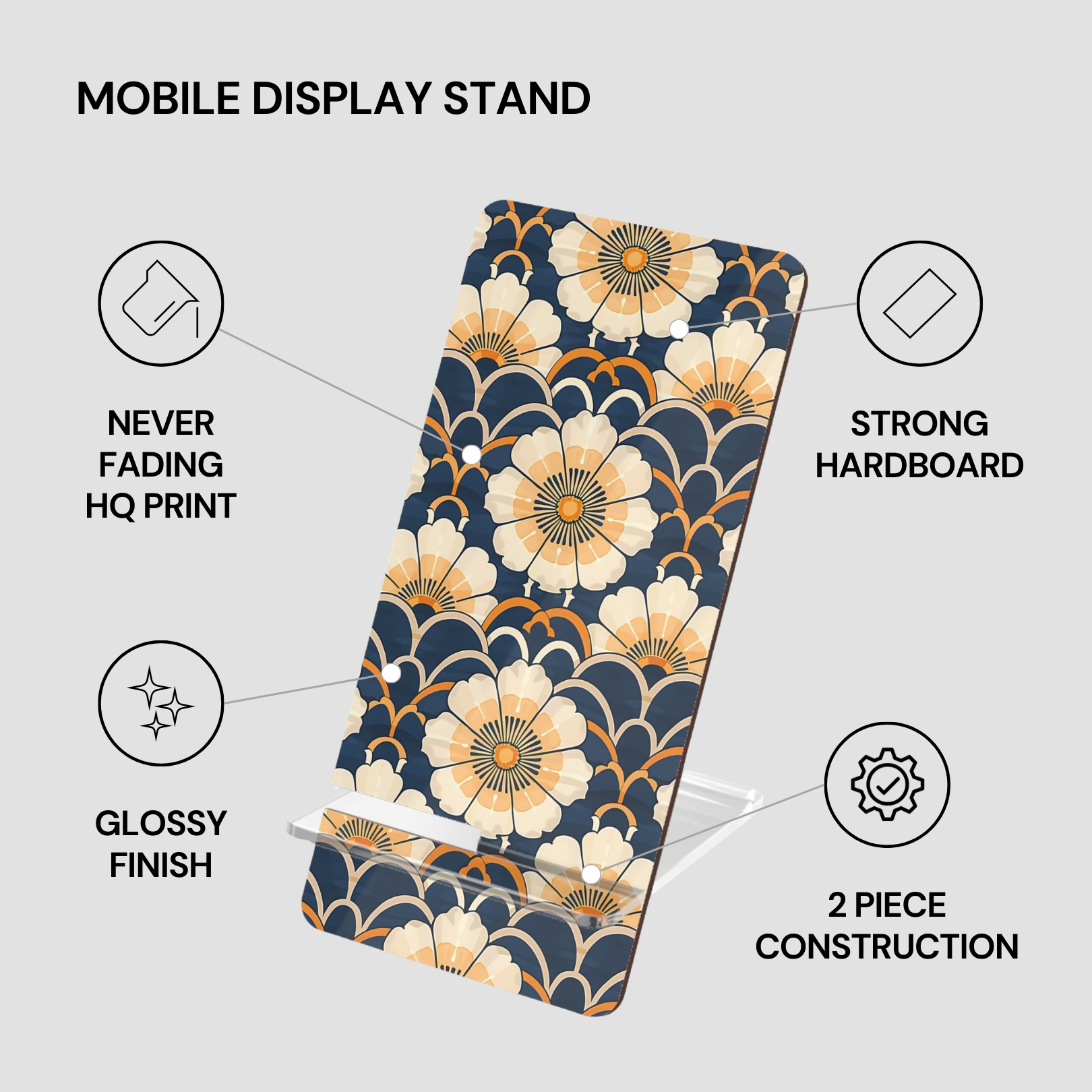 Floral patterned mobile display stand with features listed on a gray background