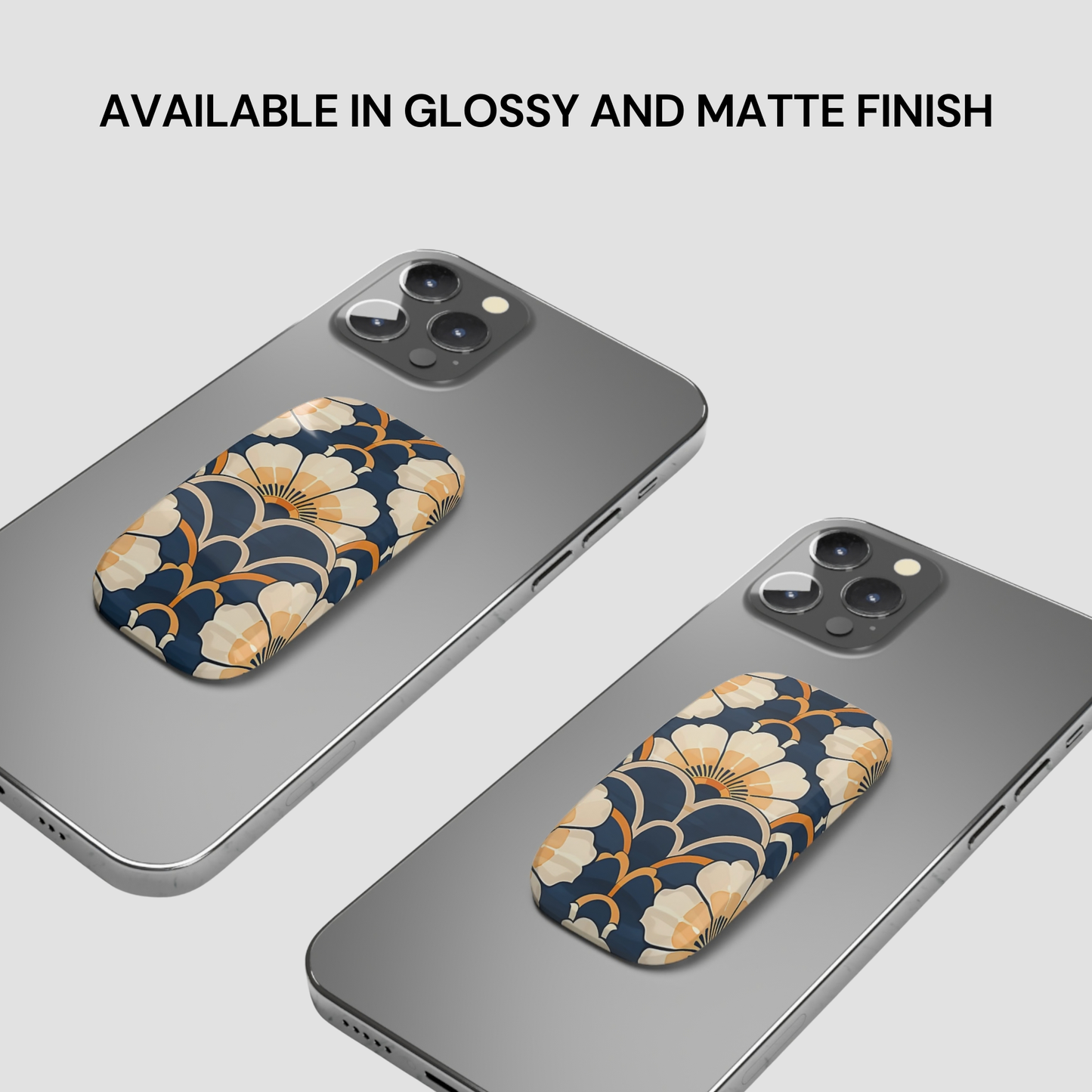 Two phone cases with floral design on a gray background, text indicating finish options.