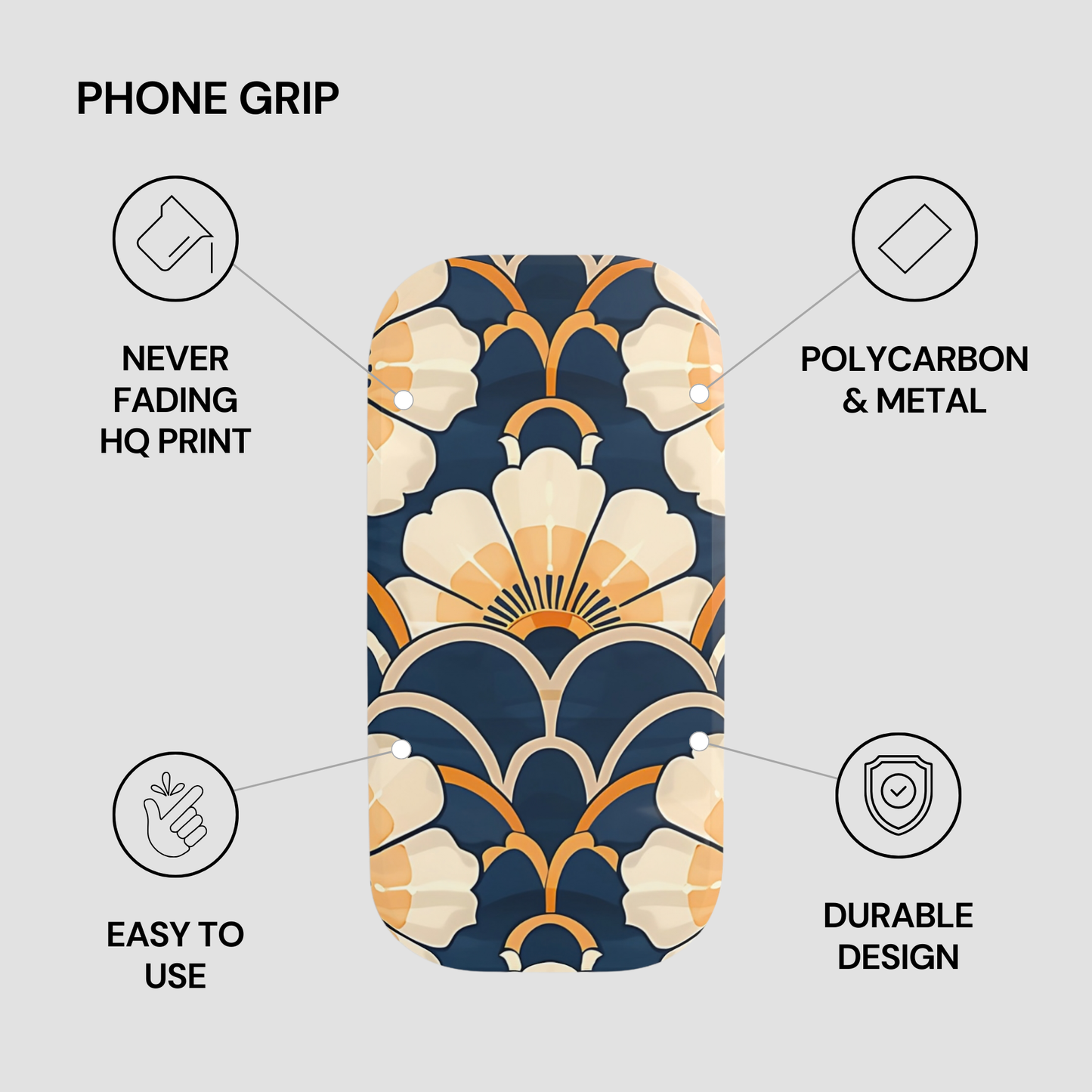 Phone grip with floral design and feature text on a gray background
