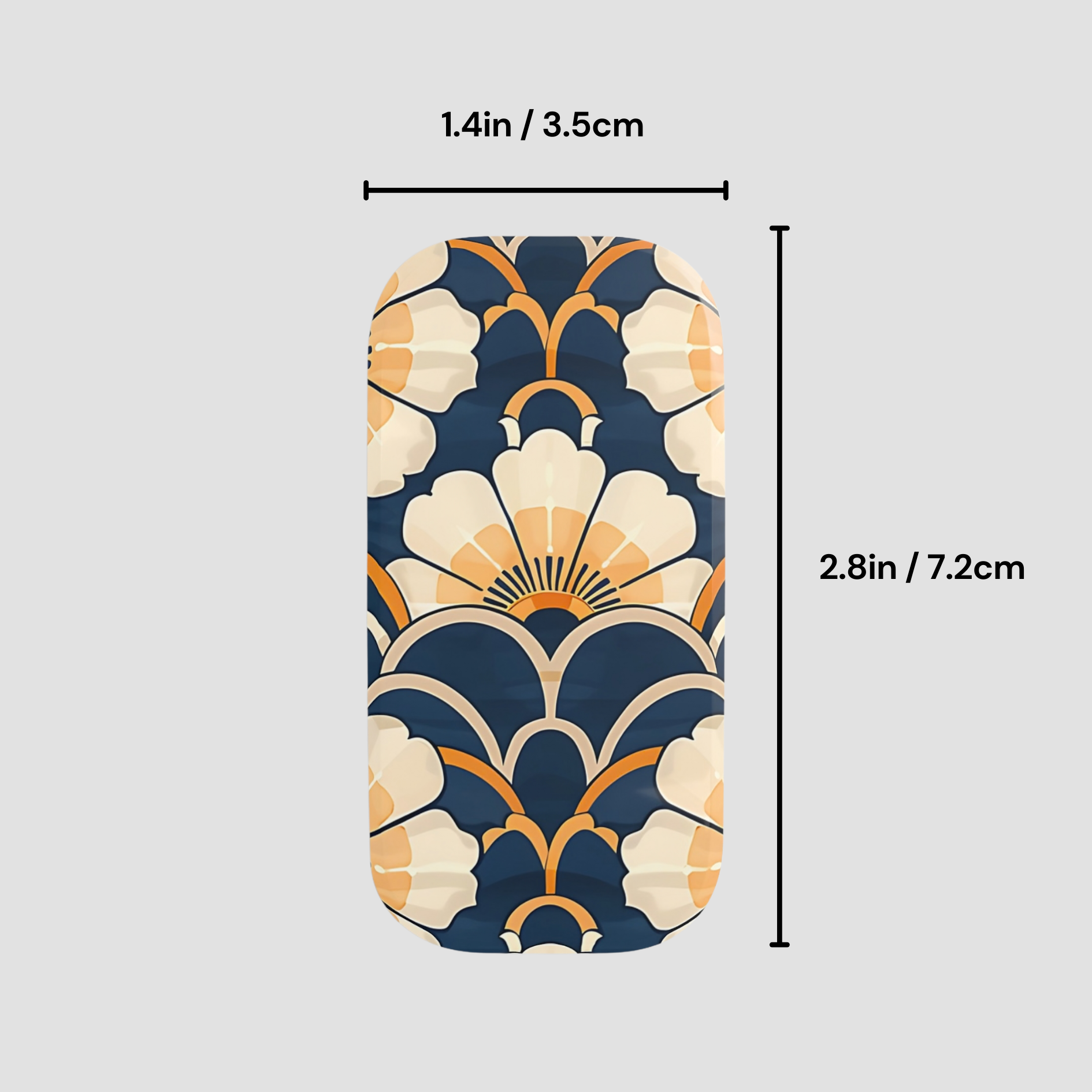 Phone case with a geometric pattern and measurements on a light gray background