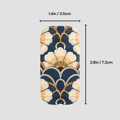 Phone case with a geometric pattern and measurements on a light gray background