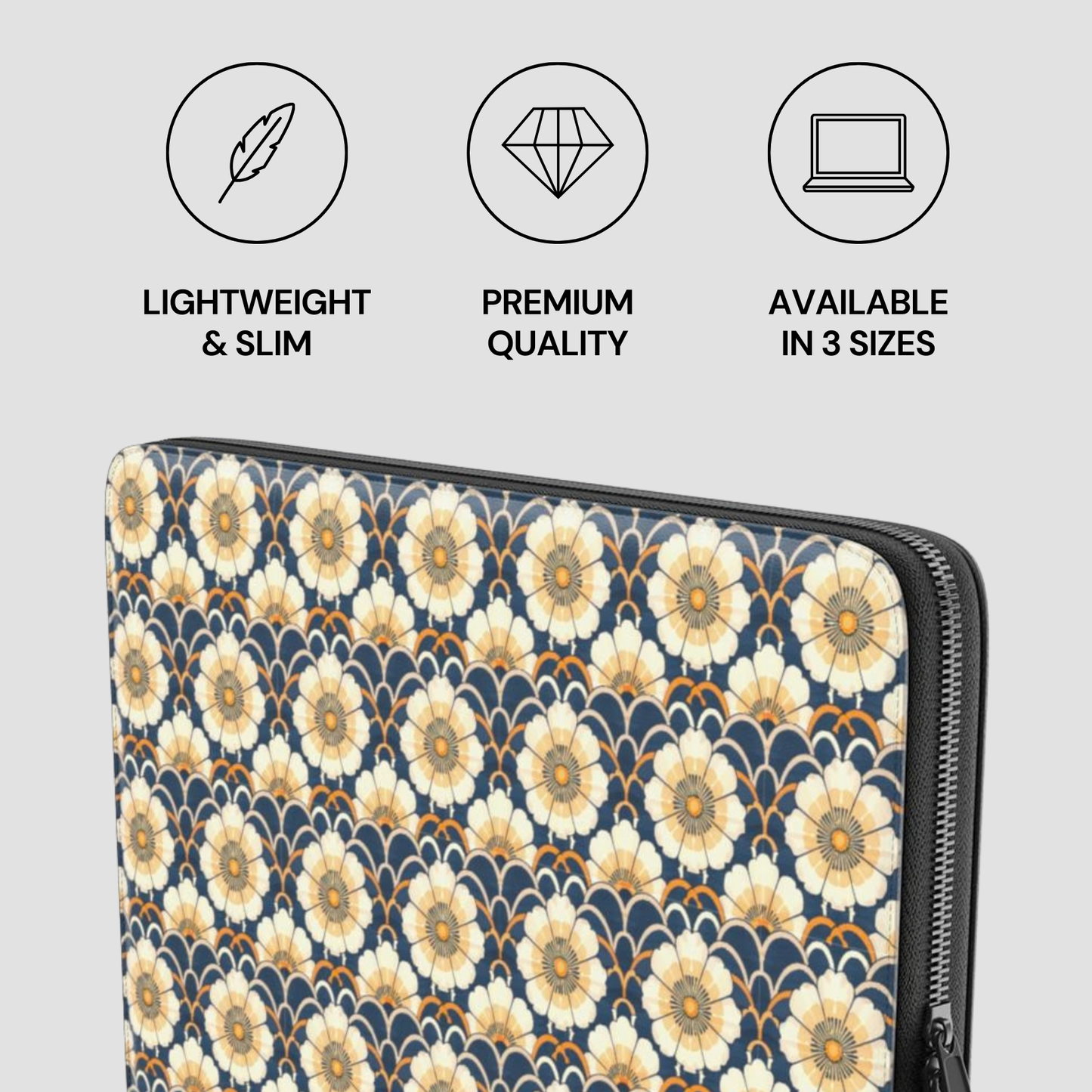 Floral patterned laptop sleeve with product features on a light gray background