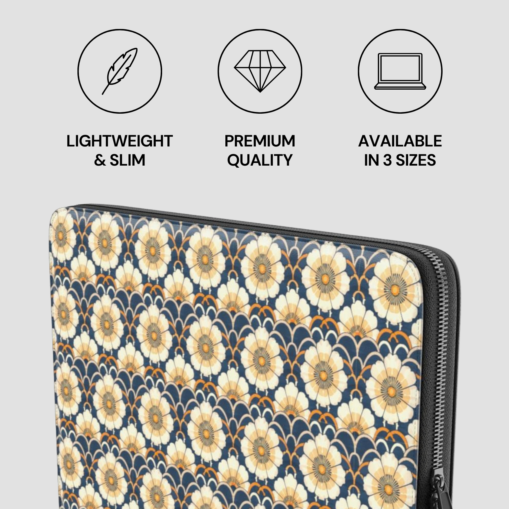 Floral patterned laptop sleeve with product features on a light gray background