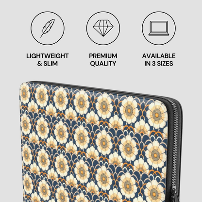 Floral patterned laptop sleeve with product features on a light gray background