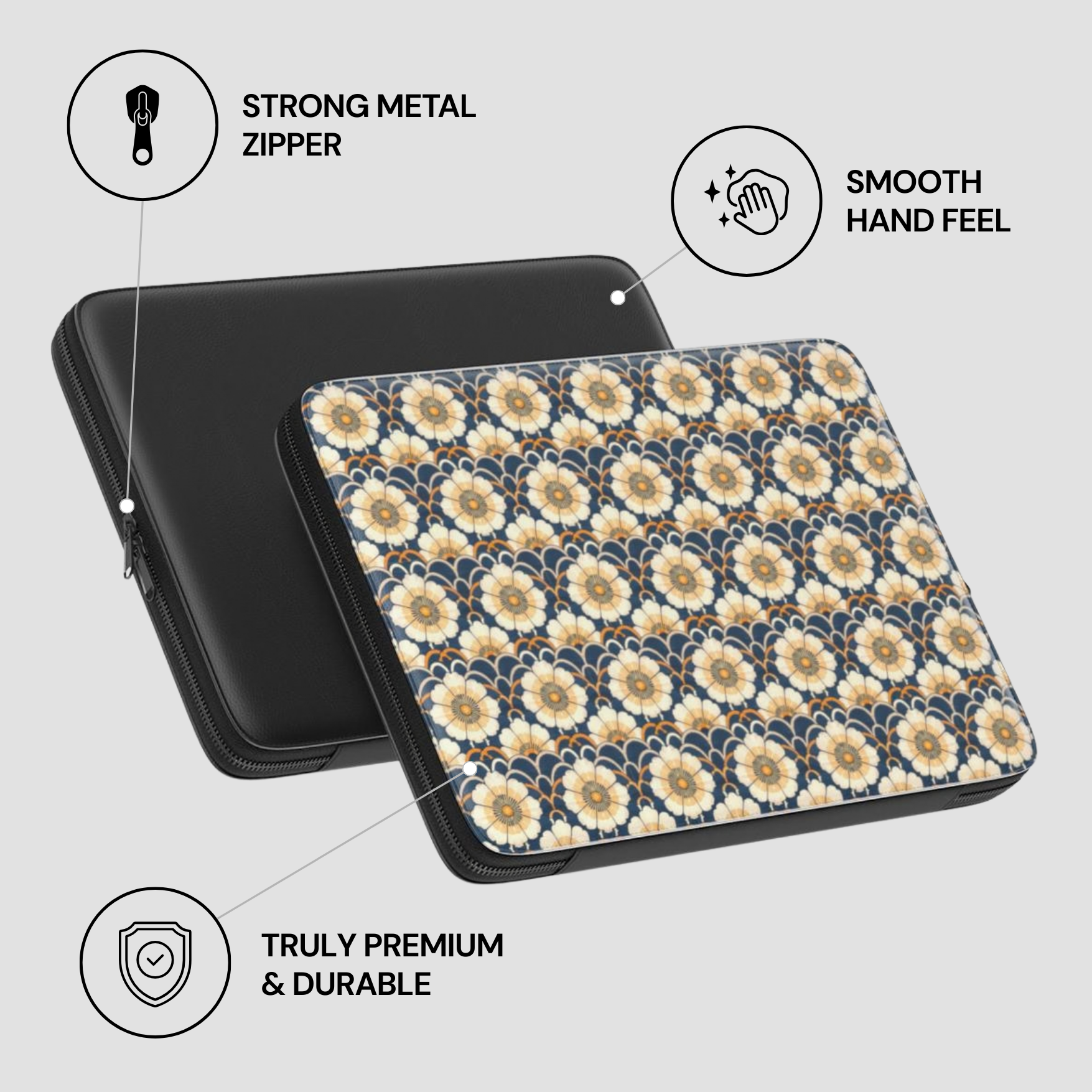 Floral patterned case with metal zipper and smooth hand feel on a light gray background