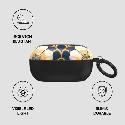 Black case with floral design on a gray background, featuring scratch-resistant, visible LED light, slim, and durable attributes.