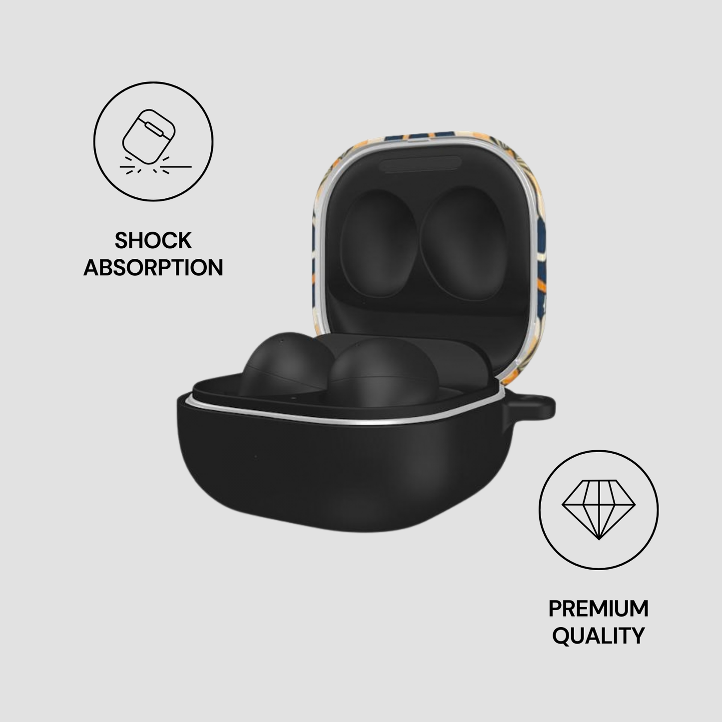 Black earbud case with colorful pattern on a white background, featuring icons for shock absorption and premium quality.