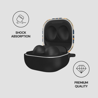 Black earbud case with colorful pattern on a white background, featuring icons for shock absorption and premium quality.