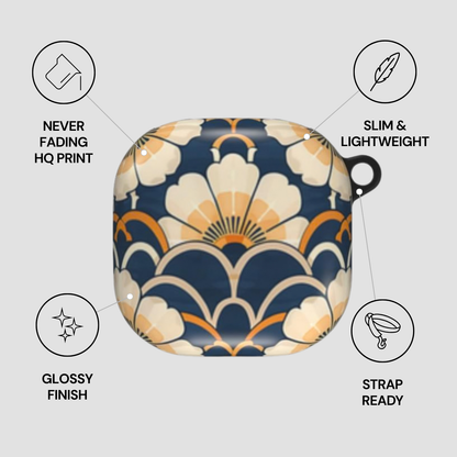 Patterned case with features listed on a gray background