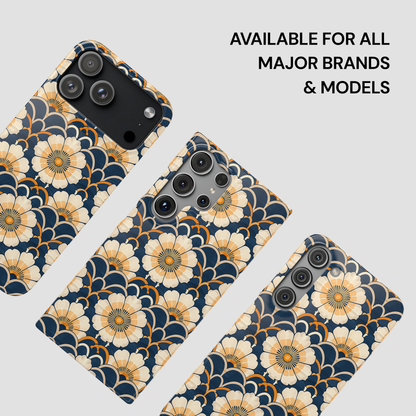 Floral patterned phone case on a white background with text 'Available for all major brands & models'.