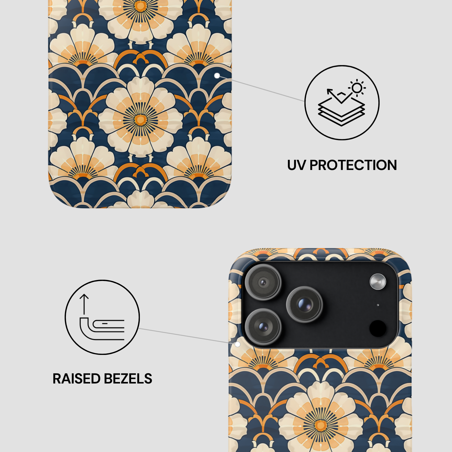 Phone case with floral pattern, UV protection, and raised bezels features on a light gray background.
