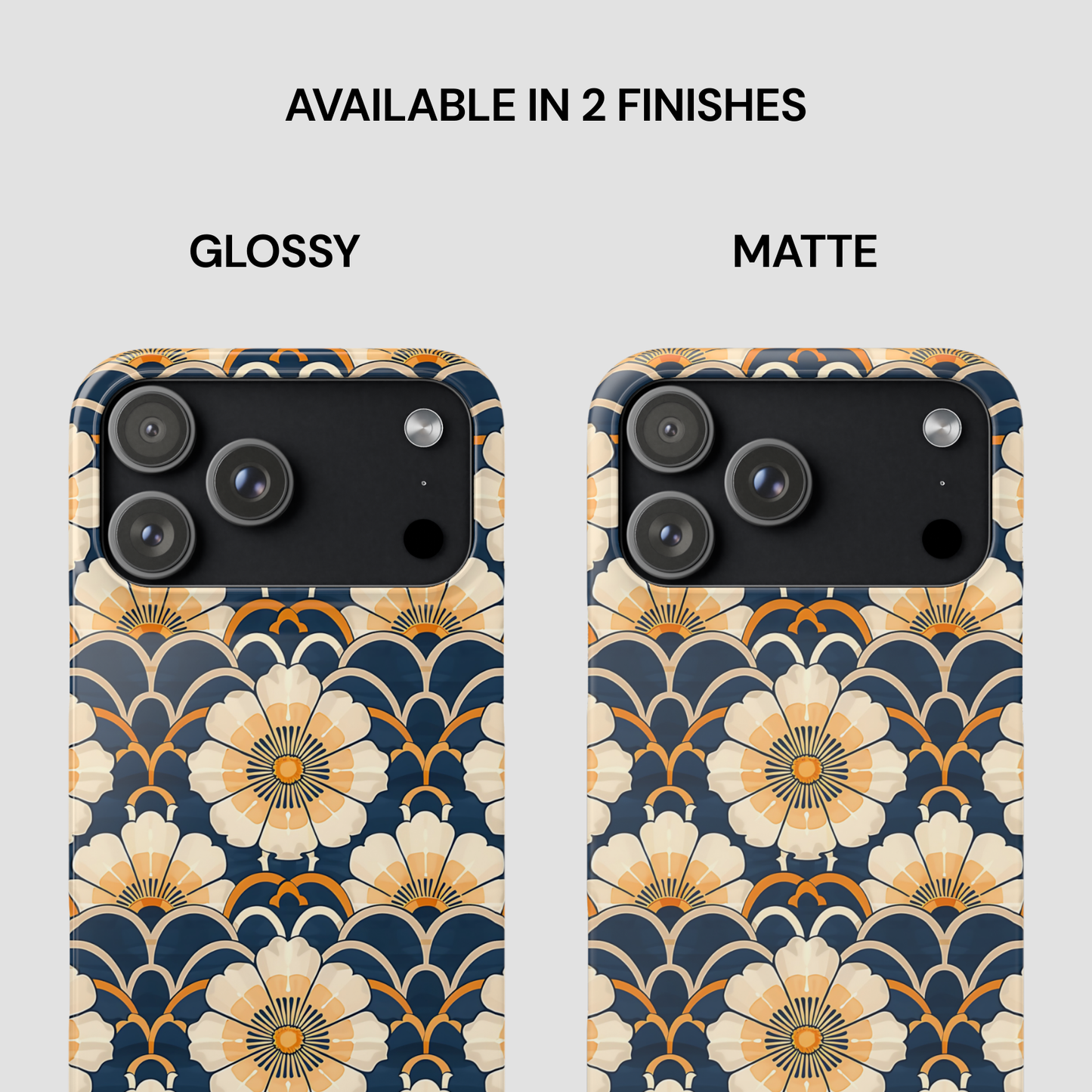 Two phone cases with floral pattern, one glossy and one matte, on a light gray background.