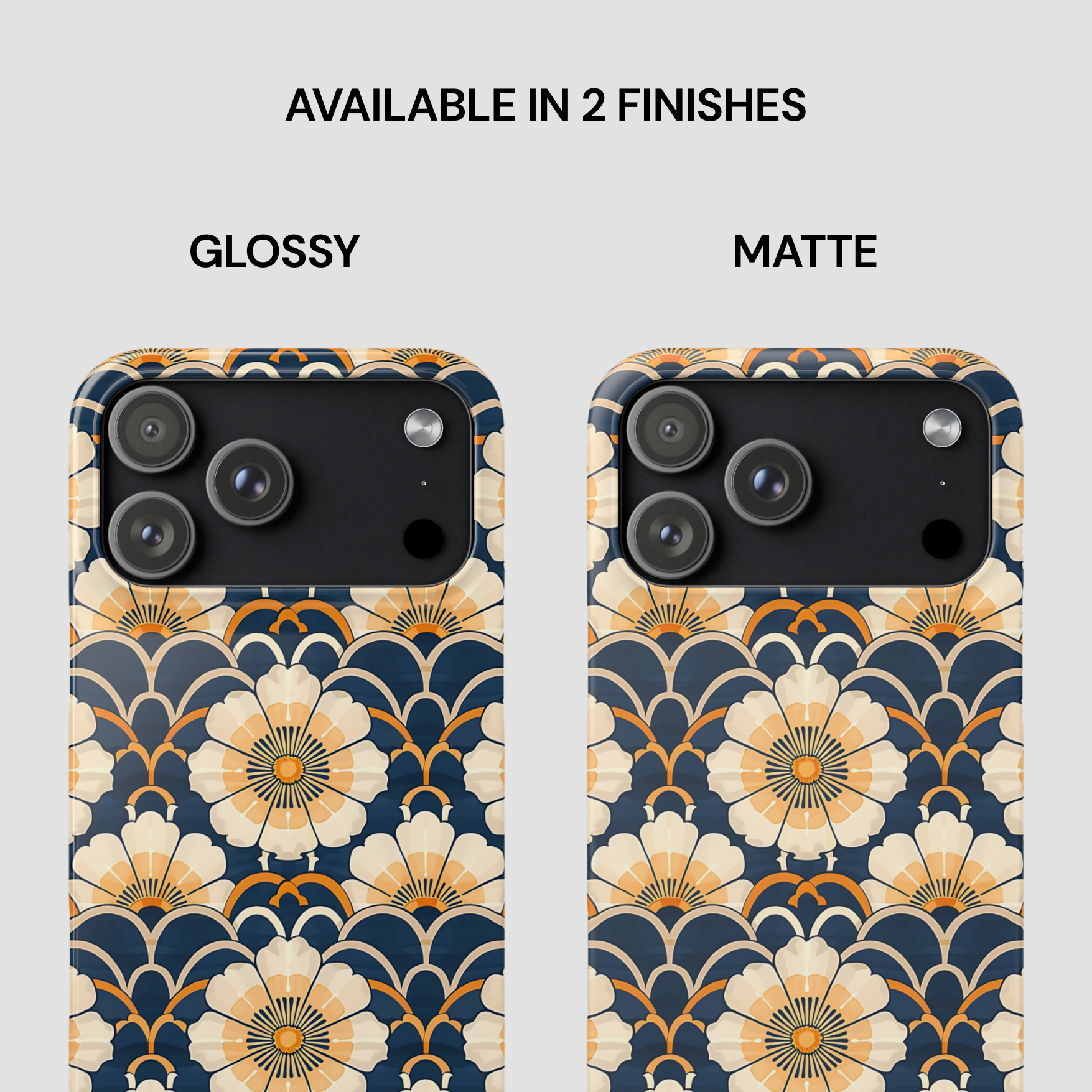 Two phone cases with floral pattern, one glossy and one matte, on a light gray background.