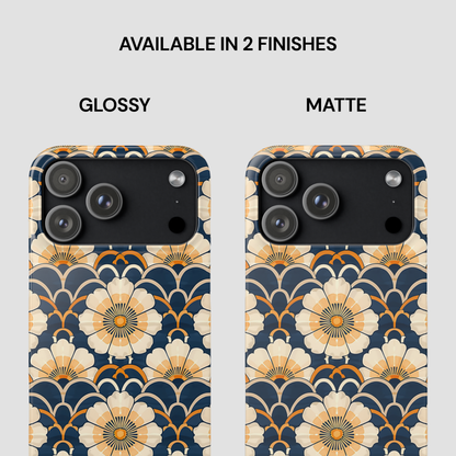 Two phone cases with floral pattern, one glossy and one matte, on a light gray background.