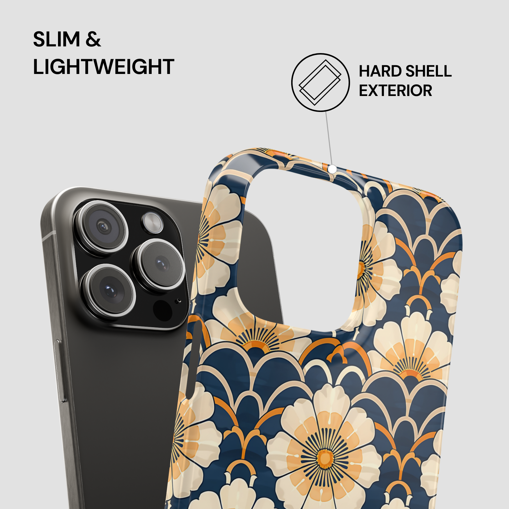 Floral patterned phone case with text highlighting features on a gray background