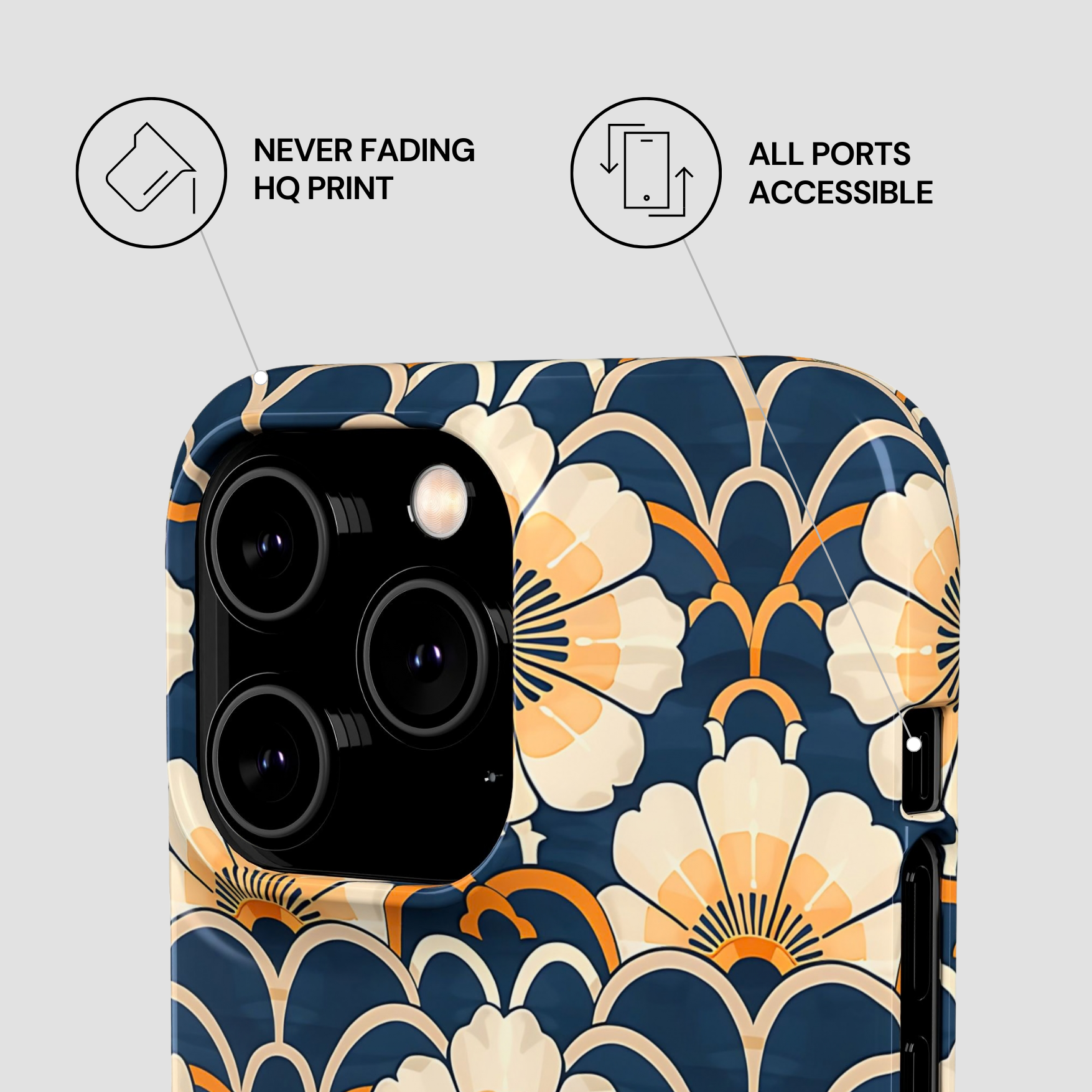 Floral patterned phone case with features highlighted on a light gray background