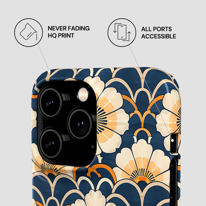 Floral patterned phone case with features highlighted on a light gray background