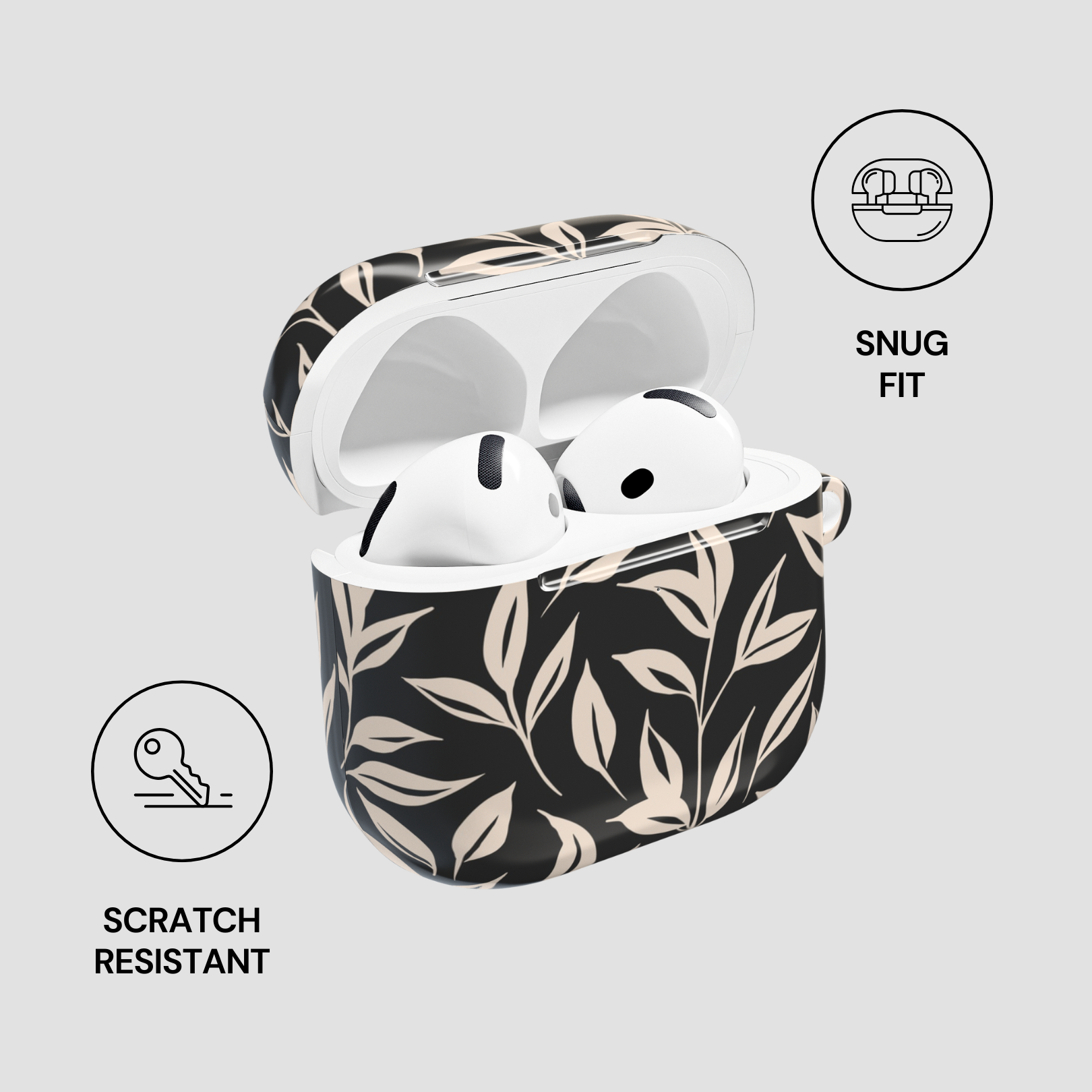 Wireless earbuds in a leaf-patterned case on a light gray background