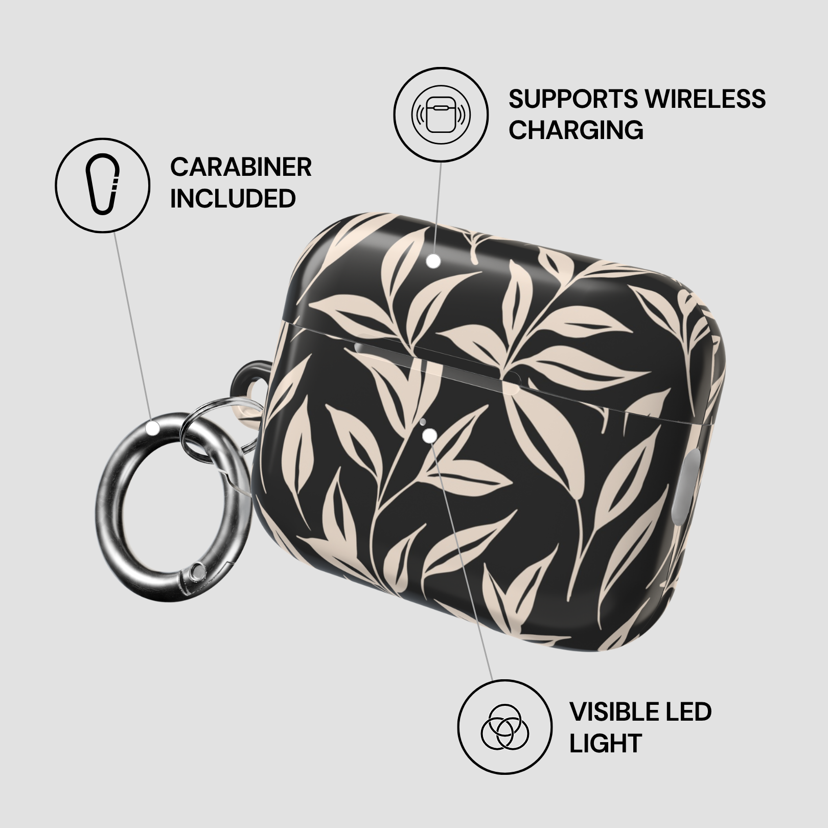 Black and beige floral patterned case with carabiner, wireless charging support, and visible LED light on a gray background.