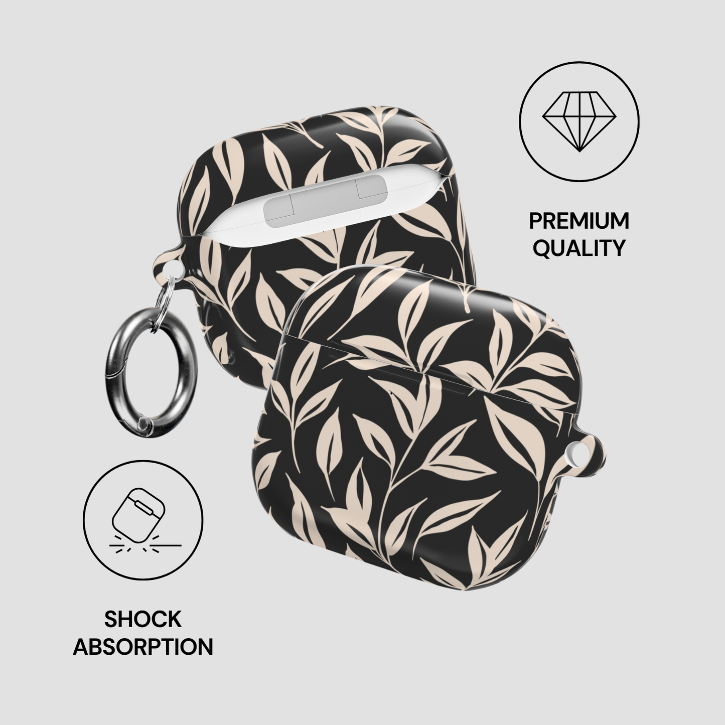 Leaf-patterned case with shock absorption feature on a light gray background