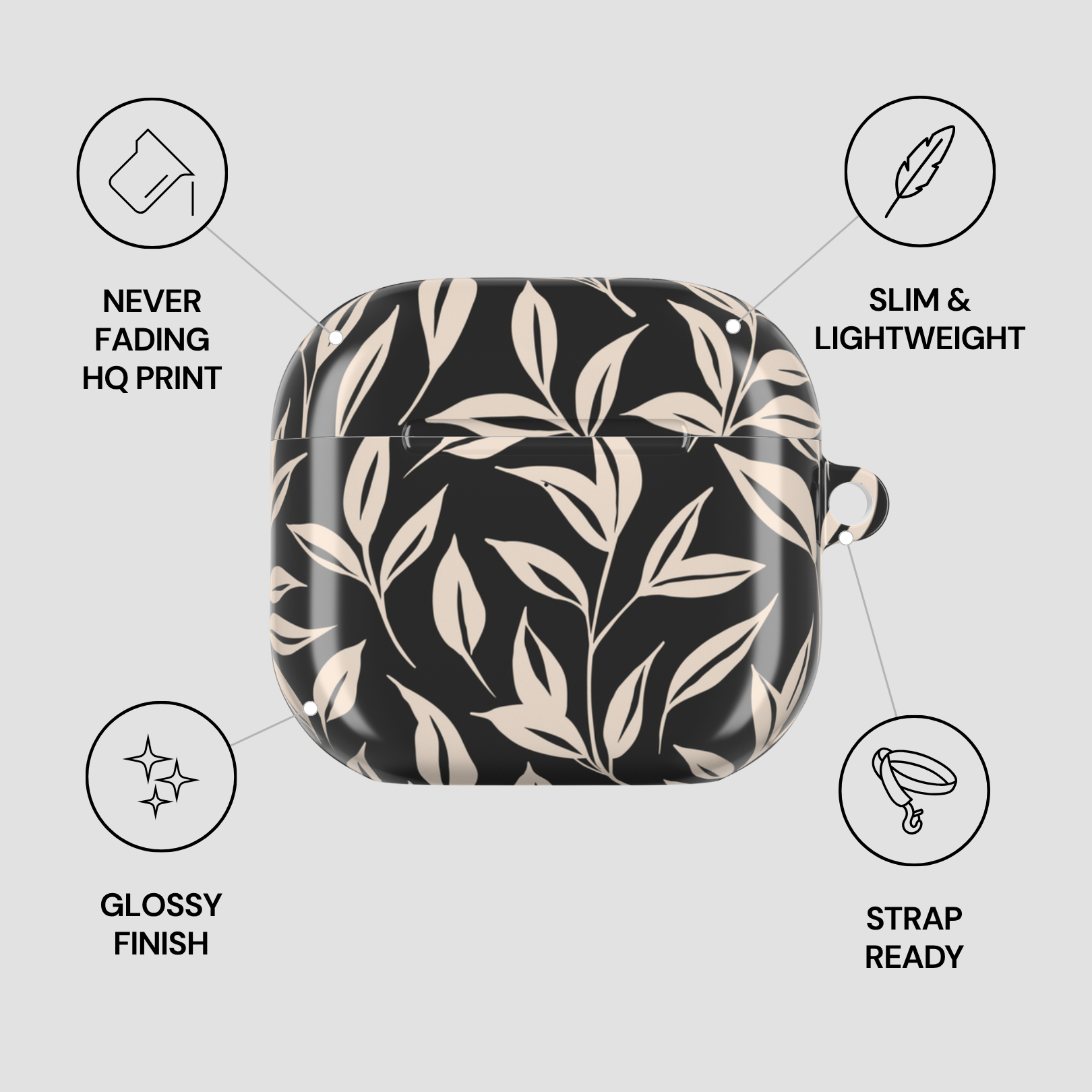 Black case with beige leaf pattern on a white background with feature icons.