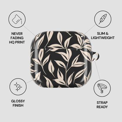 Black case with beige leaf pattern on a white background with feature icons.