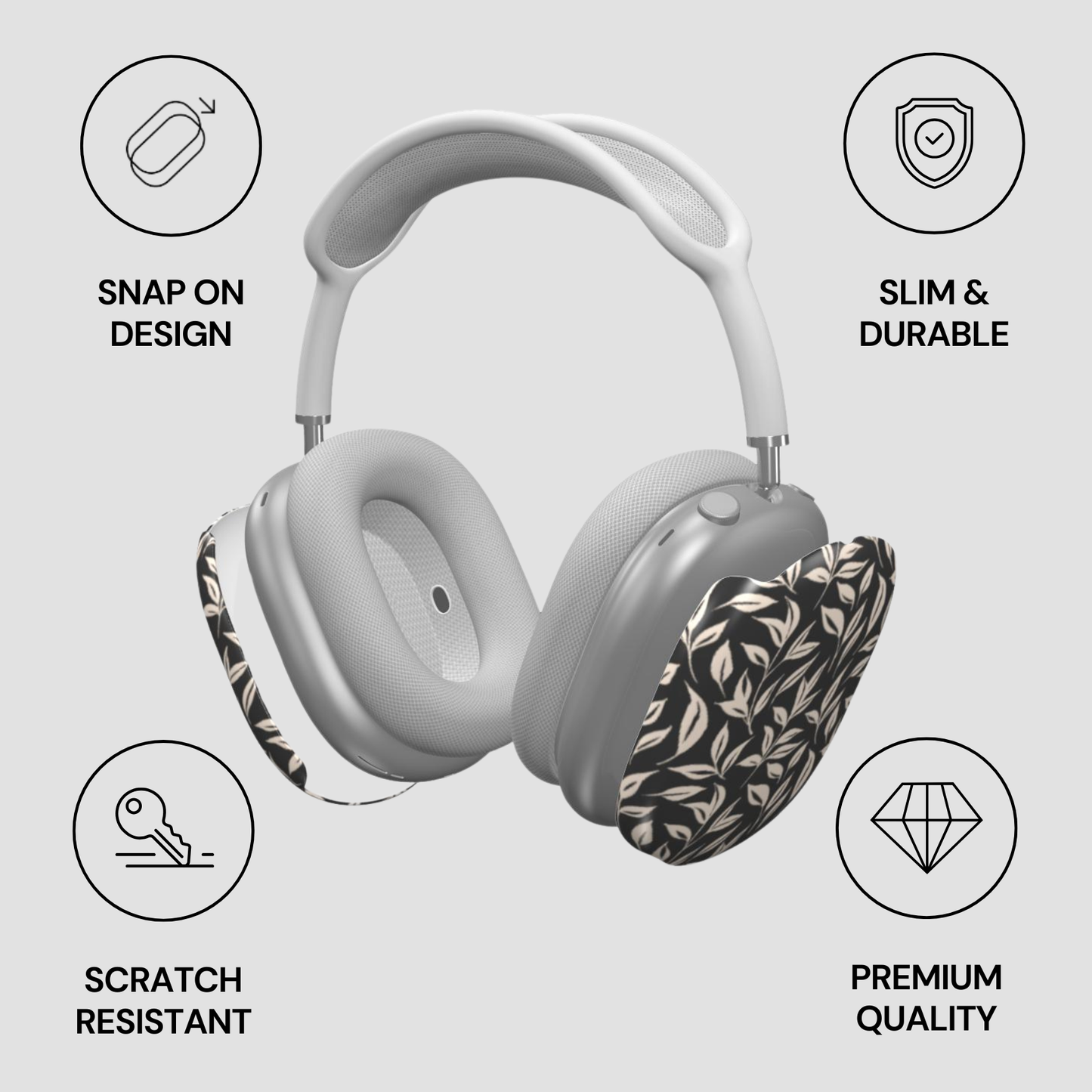 White headphones with patterned ear covers on a light gray background with feature icons.