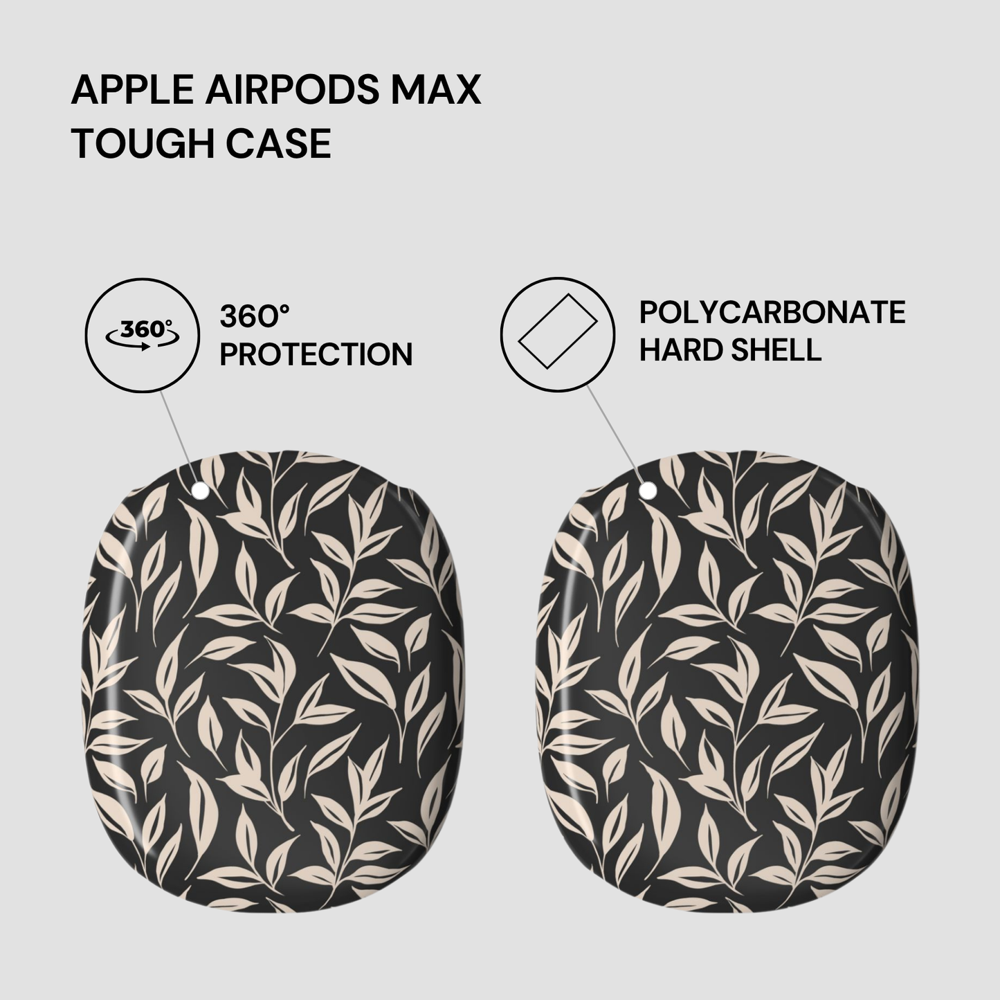 Apple AirPods Max tough case with leaf pattern on a light gray background