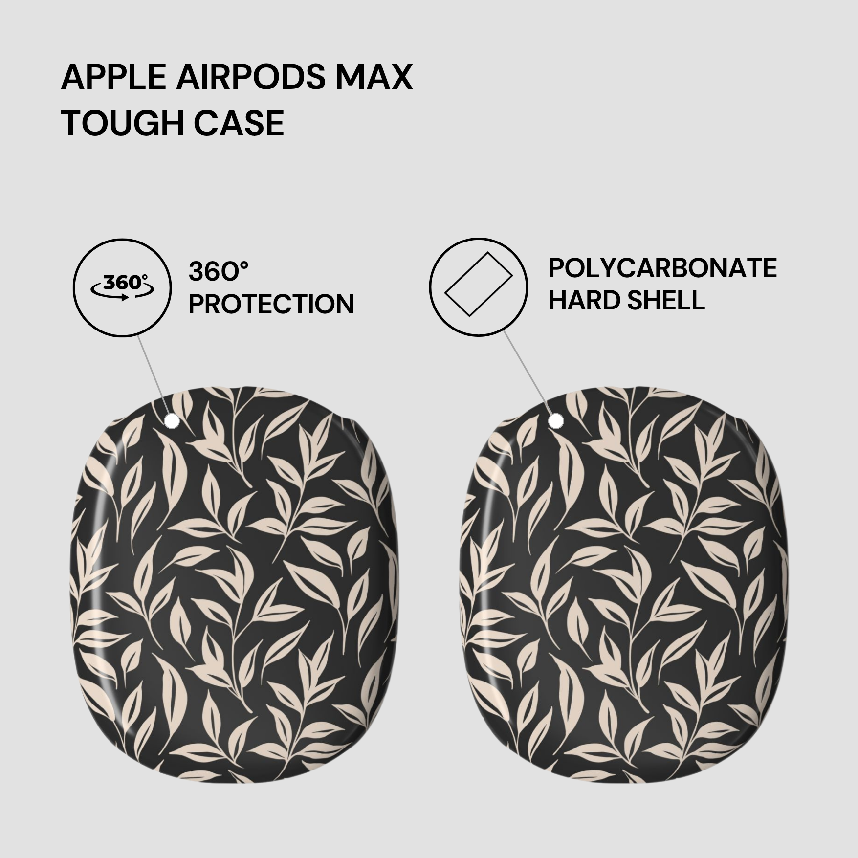 Apple AirPods Max tough case with leaf pattern on a light gray background
