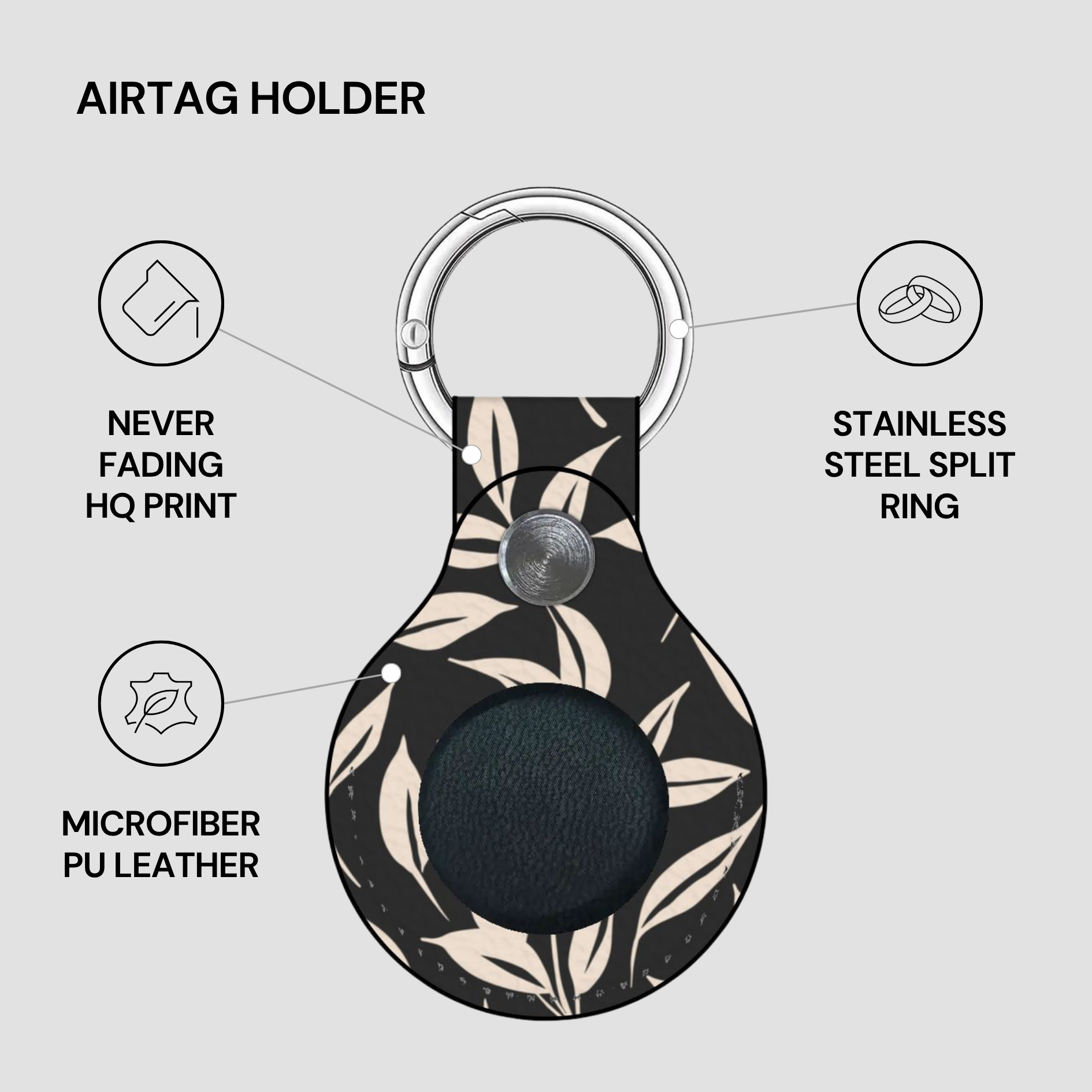 Airtag holder with leaf pattern on a gray background