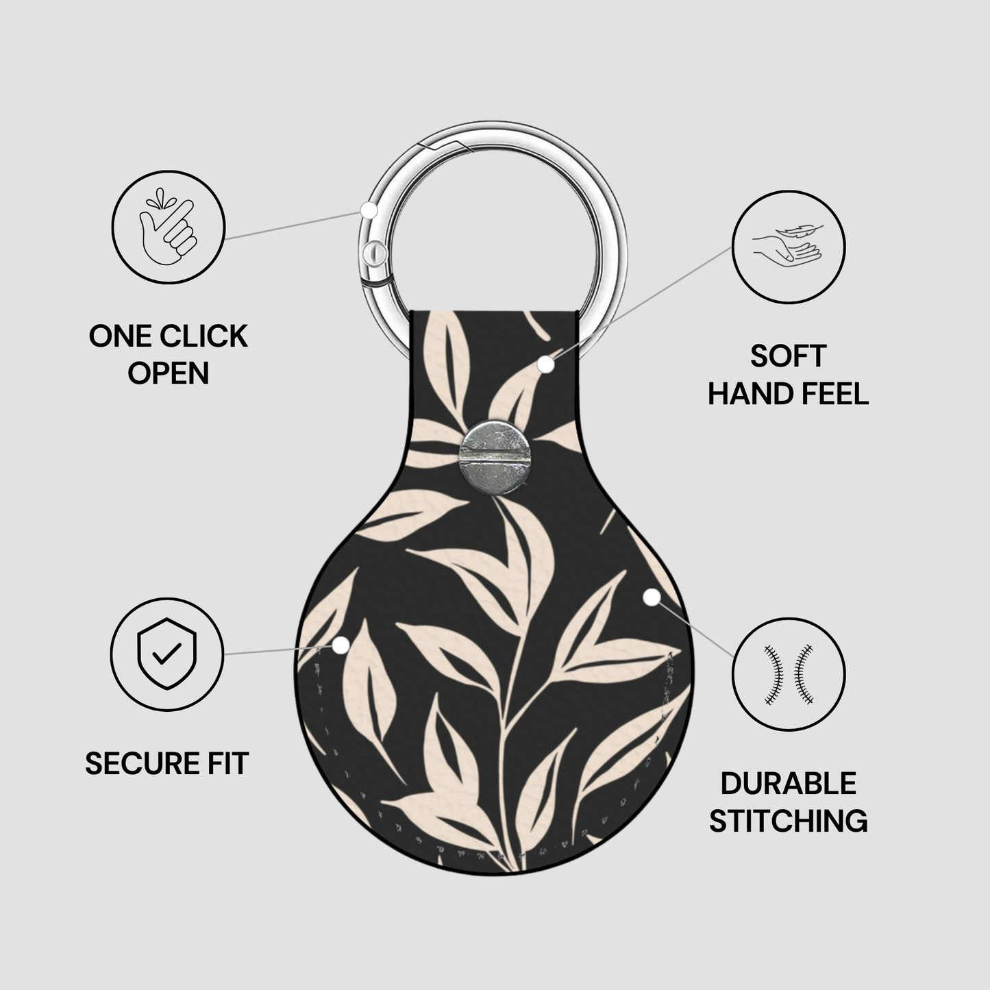 Keychain with leaf pattern and features listed on a gray background