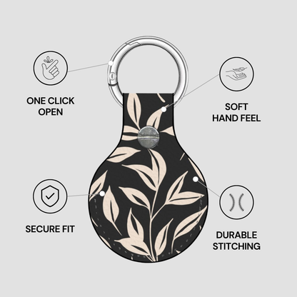 Keychain with leaf pattern and features listed on a gray background