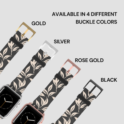 Watch straps with floral pattern and color options labeled on a light gray background