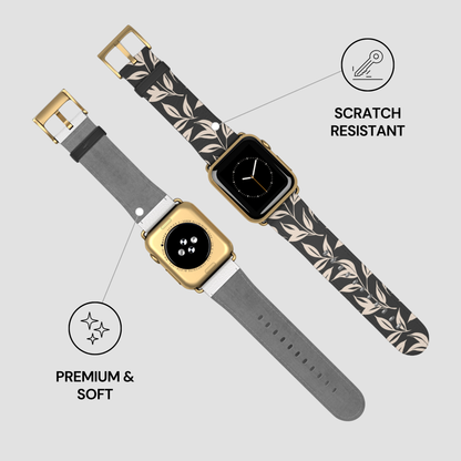 Two smartwatch bands with floral and gray designs on a light gray background.